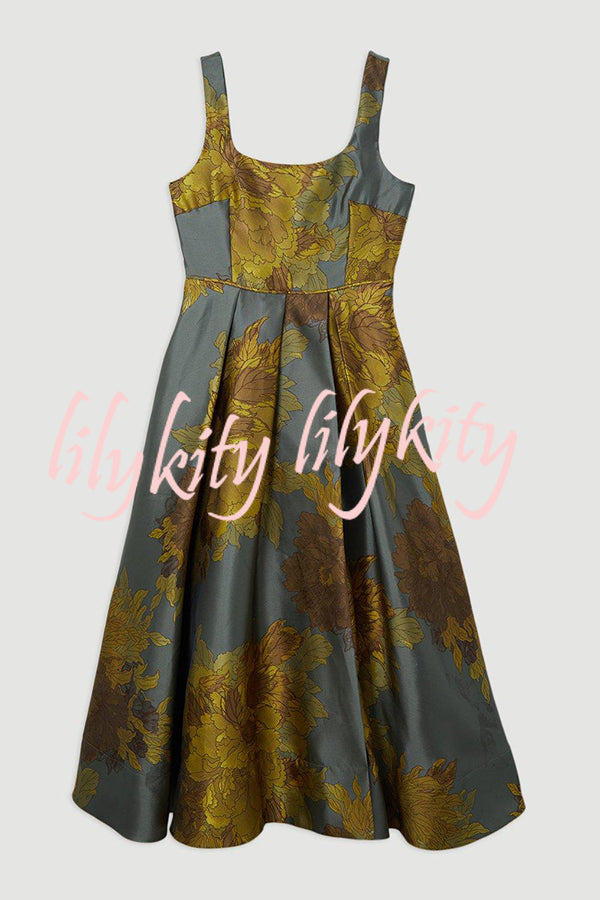 London Nights Satin Floral Pattern Square Neck Pocket Pleated Prom Maxi Dress