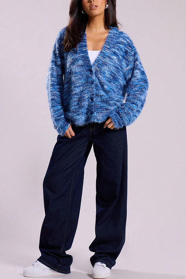 Fashionable Mixed Color Loose V-neck Casual Knit Cardigan