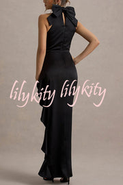 Maureen Satin High Neck Ruched Ruffle Slit Draped Maxi Dress