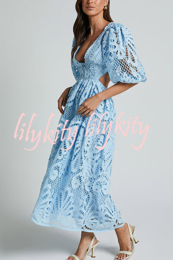 Solid Color V neck Hollow Lace Waistless Sexy Maxi Dress