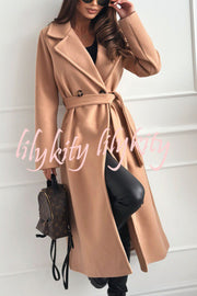 Solid Color Lapel Long Sleeve Waist Tie Long Coat