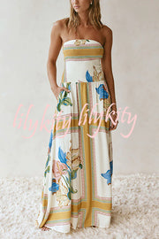 Linen Blend Unique Print Off-The-Shoulder Pleated Resort Maxi Dress