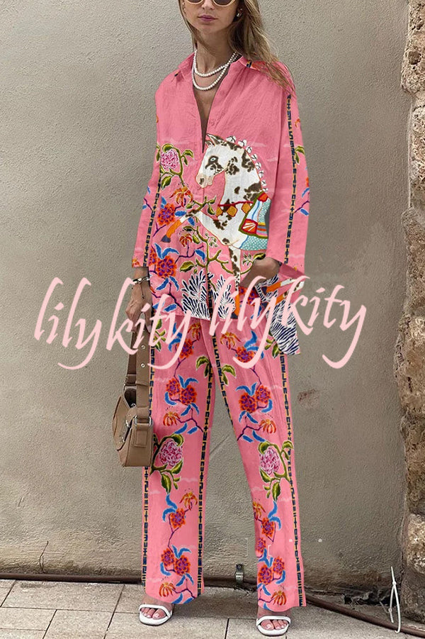 Horse Print Oversized Long Sleeved Shirt and Elastic Waist Pocket Pants Set