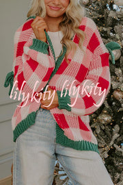 Holiday Cozy Checkered Knit Color-blocked Plaid Bow Long-sleeved Cardigan