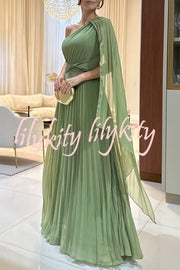 Kate Pleated One Shoulder Drape Sleeve Twist Waist Maxi Dress