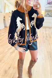 Stylish White Horse Pattern Casual Long-sleeved Knitted Cardigan