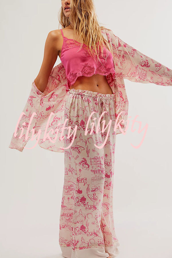 Unique Printed Lounge Long-sleeved Shirt and Elastic Waisted Baggy Pants Set