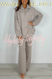 Solid Color Lapel Long-sleeved Loose Top and Elastic Waist Casual Pants Set