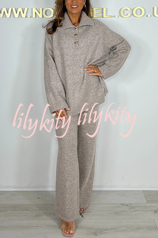 Solid Color Lapel Long-sleeved Loose Top and Elastic Waist Casual Pants Set