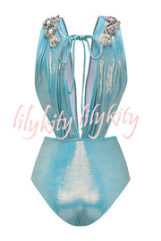 Solid Color Shiny Fabric Deep V Metal Embellished Stretch One-piece Swimsuit