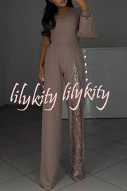 Carlisle One Shoulder Slit Lantern Sleeve Sequin Patchwork Wide Leg Party Jumpsuit