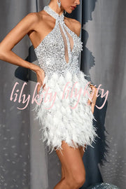 Stylish Sequined Sleeveless Feather-embellished Slim-fit Mini Dress