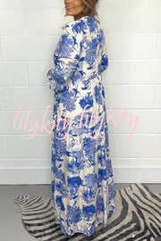 Botanical Print Casual V-neck Trumpet Sleeve Maxi Dress