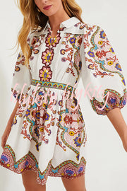 Fun and Vibrant Linen Blend Unique Print Puff Sleeve Pocketed Shirt Mini Dress