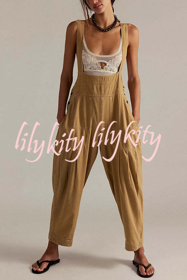 Fashionable Casual Side Pocket Button Loose Denim Overalls