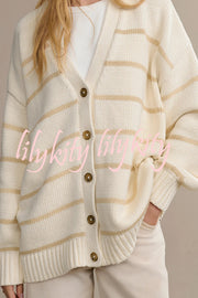 Striped Loose V-neck Long-sleeved Casual Knit Cardigan