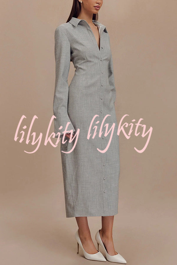 Elegant Energy Button Up Long Flare Sleeve Fitted Shirt Midi Dress