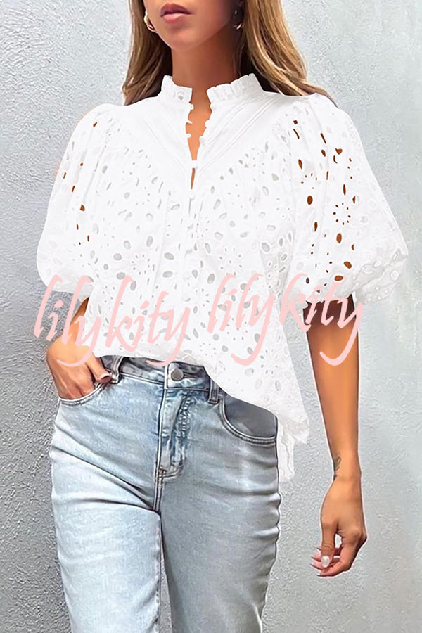 Hollow Embroidered Lace V-neck Buttoned Lantern Sleeve Blouse