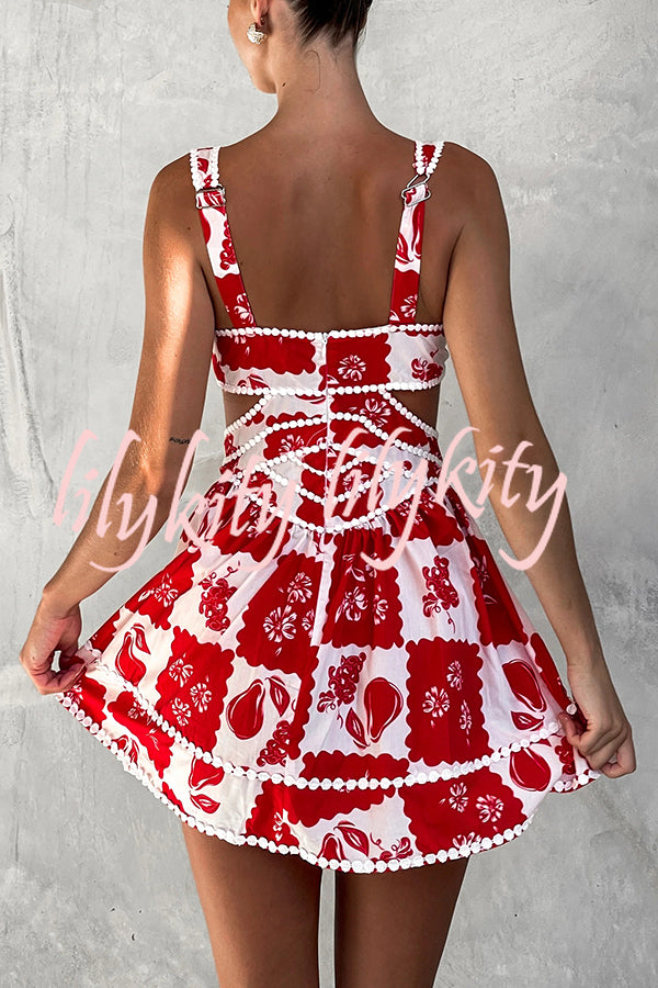 Holiday Colors Ric Rac Trims Unique Print Cutout Round Neck Mini Dress