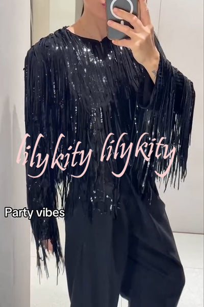Party Crasher Layered Sequined Tassels Long Sleeve Loose Jacket