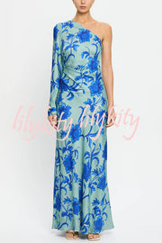 Satin Botanical Print One-Sleeve Resort Maxi Dress