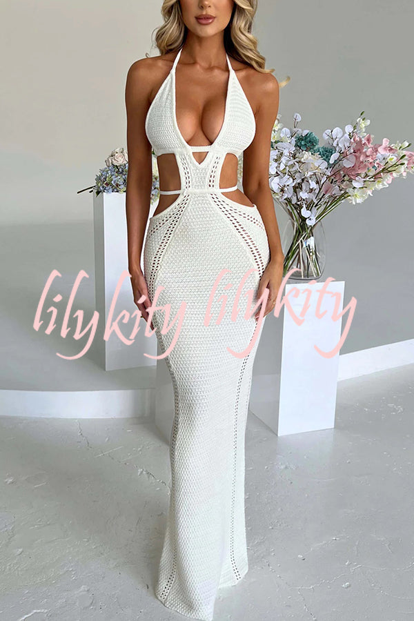 Effortlessly Cool and Sexy Knit Crochet Cutout Halter Tie-up Stretch Maxi Dress