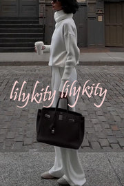 Morning Coffee Walks Ribbed Turtleneck Long Sleeve Sweatshirt and Elastic Waist Pocketed Loose Pants Set