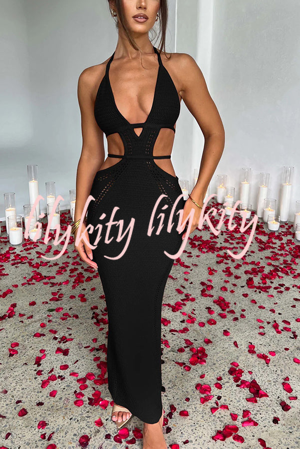 Effortlessly Cool and Sexy Knit Crochet Cutout Halter Tie-up Stretch Maxi Dress