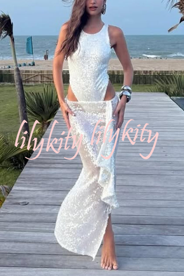 Fashion Sequin Sleeveless Fitted Rompers and Holiday Slit Maxi Skirt Set