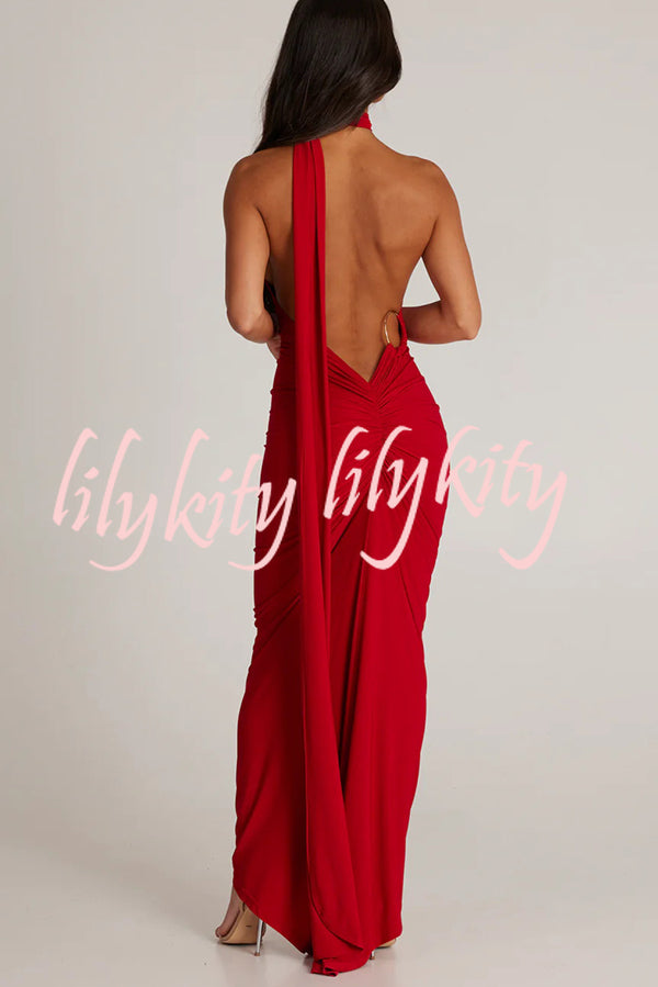 Sexy Backless Pleated Slim Solid Color Sleeveless Elegant Maxi Dress