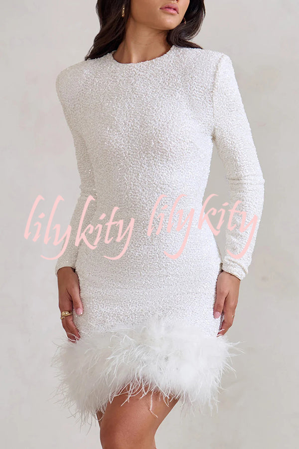 Party Must-have Sequin Long Sleeve Feather Trim Stretch Mini Dress