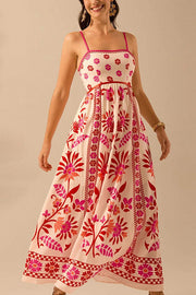 Unique Printed Sling Back Pleated Loose Holiday Maxi Dress