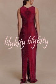 Holiday Nights Sequin Boat Neck Sleeveless Slit Maxi Dress