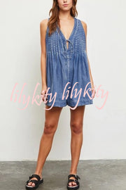 Downtown Daze Denim Pleated Tie-up Pocketed Loose Romper