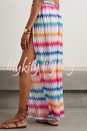 Colorful Zigzag Pattern Halter Neck Stretch Bikini and Elastic Waist Slit PantsThree-Piece Set