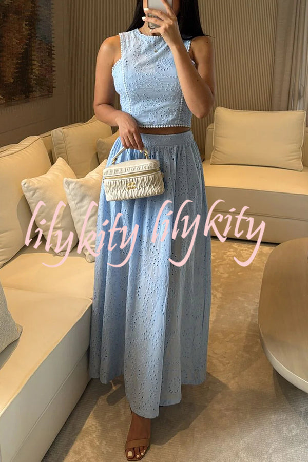 Kaya Embroidery Hollow Lace Back Smocked Tank and Elastic Waist A-line Maxi Skirt Set