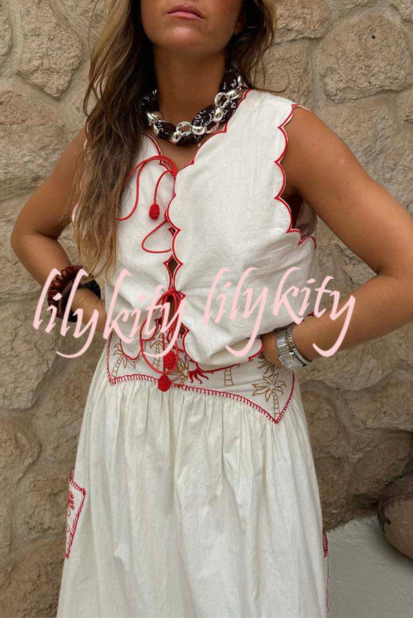 Sunny Day Linen Blend Contrast Embroidered Print Scallop Trim Lace-up Top
