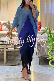 Fashionable Color-blocked Multi-layered Tassel Loose Midi Dress