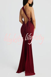 Sexy Backless Pleated Slim Solid Color Sleeveless Elegant Maxi Dress