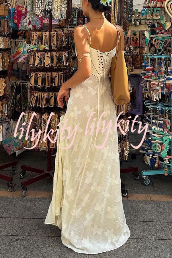 Romantic Vintage Feel Jacquard Fabric Back Lace-up Slip Floaty Maxi Dress