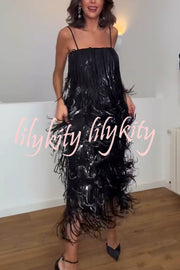 Chic Celebration Layered Sequined Tassels Slip Strapless H-line Midi Dress