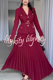 Solid Color Lapel Button Belt Blazer and Pleated Casual Maxi Skirt Set