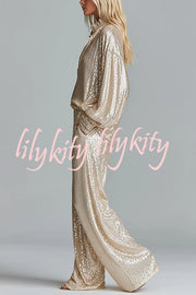 Glamorous Day Sequin Half Zip Loose Shirt and Elastic Waist Pocket Wide Leg Pants Set