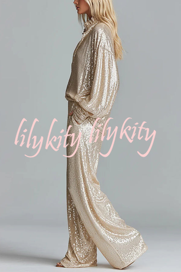 Glamorous Day Sequin Half Zip Loose Shirt and Elastic Waist Pocket Wide Leg Pants Set