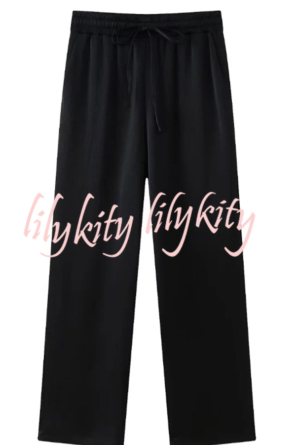 Fashionable Pleated Elastic Waist Tie Casual Pocket Wide-leg Pants