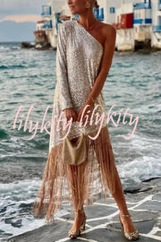 Anika Sequin One Shoulder Sleeve Tassel Hem H-line Midi Dress
