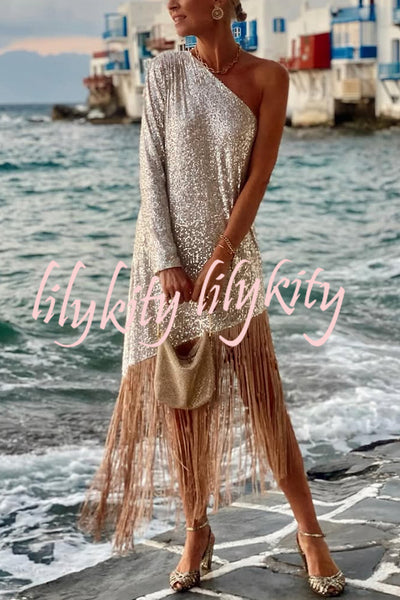 Anika Sequin One Shoulder Sleeve Tassel Hem H-line Midi Dress