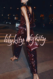 Gala Goddess Sequin Faux Fur Trim Crew Neck Sleeveless Loose Top