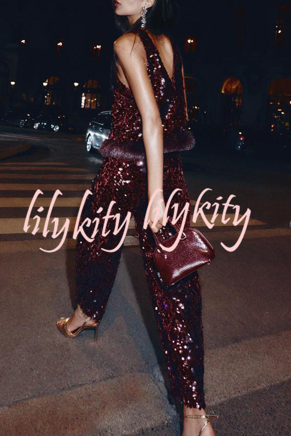 Gala Goddess Sequin Faux Fur Trim Crew Neck Sleeveless Loose Top