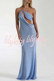 Elissa Glitter Fabric One Shoulder Asymmetrical Cutout Stretch Maxi Dress